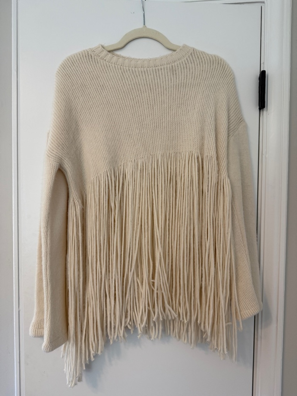 Cream Fringe Knit Crewneck Sweater